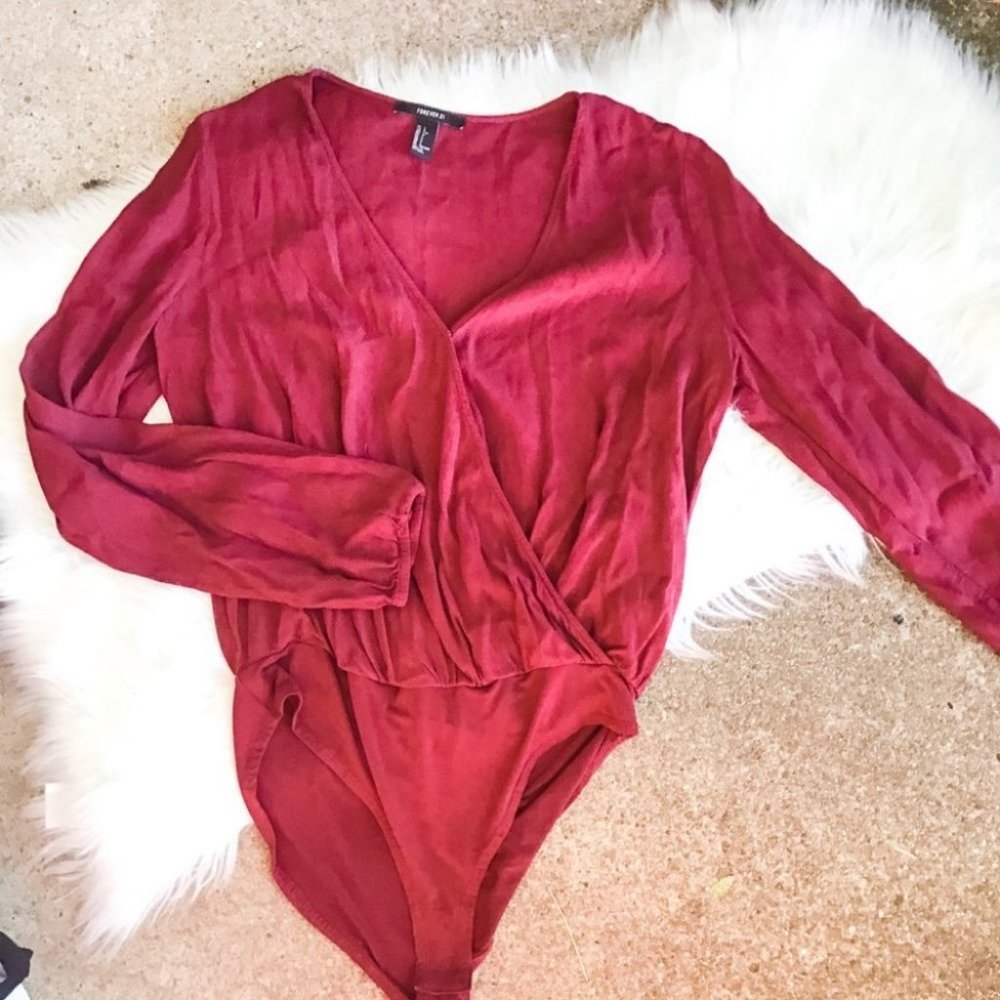 Forever 21 Burgundy Surplice Longsleeve Body Suit - Picture 2 of 6